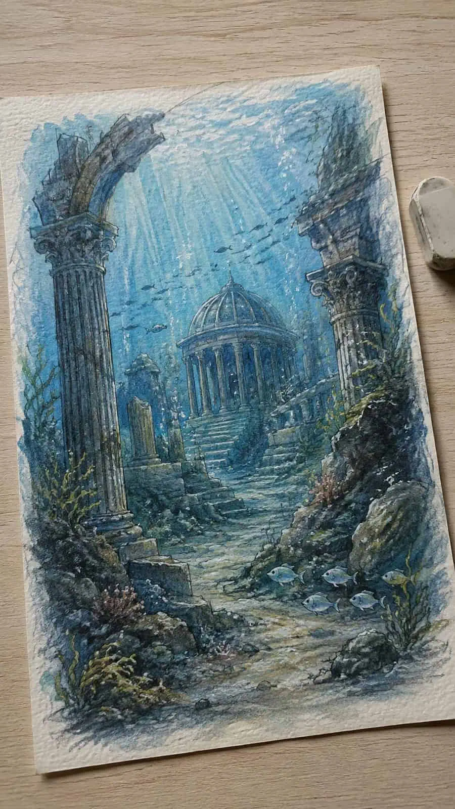 Hand-drawn underwater ruins mystery in colored-pencil and gouache drawing on textured paper, shown in a gentle oblique desk view that — study 1