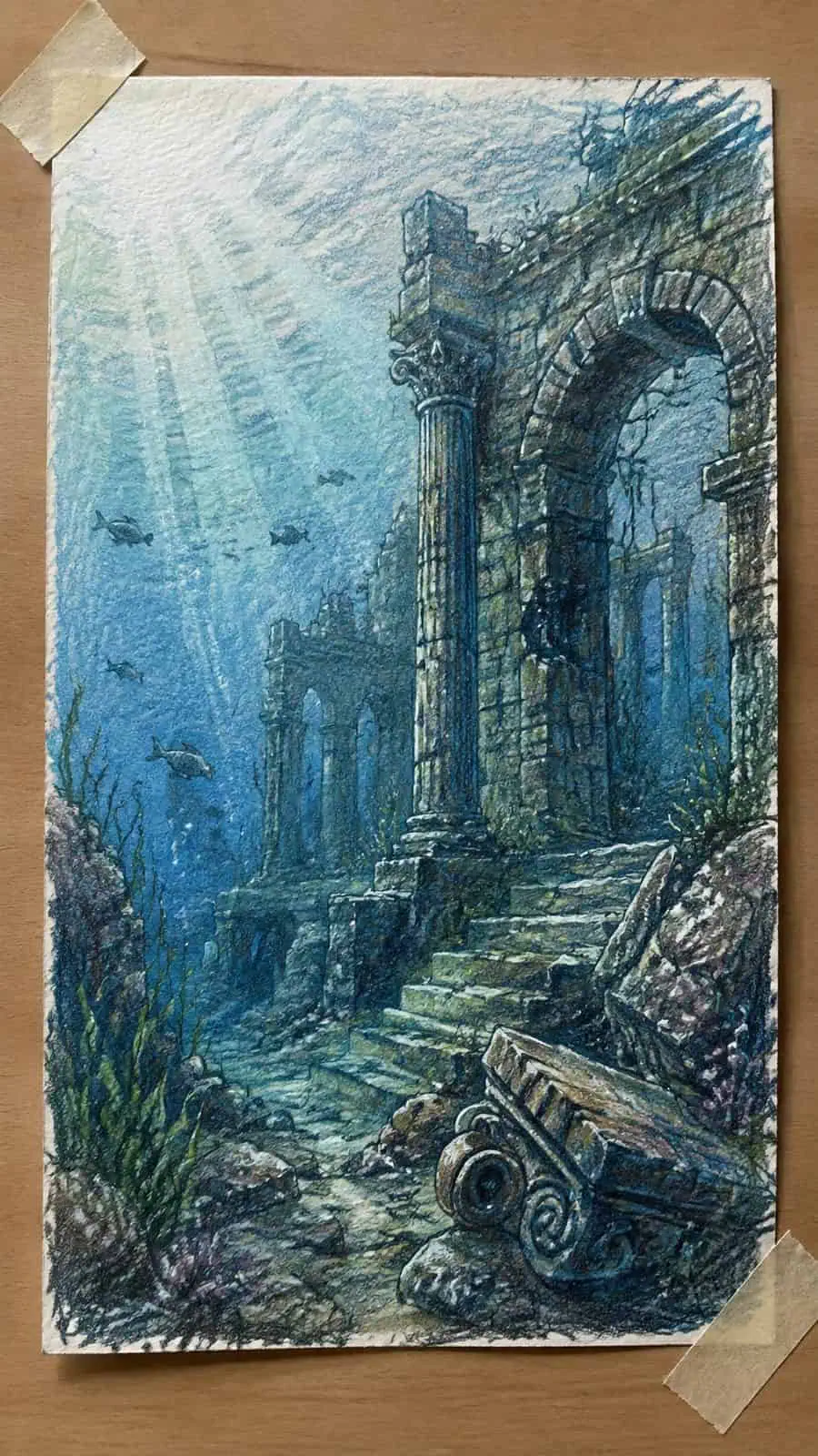 Hand-drawn underwater ruins mystery in colored-pencil and gouache drawing on textured paper, shown in a close overhead crop — study 2