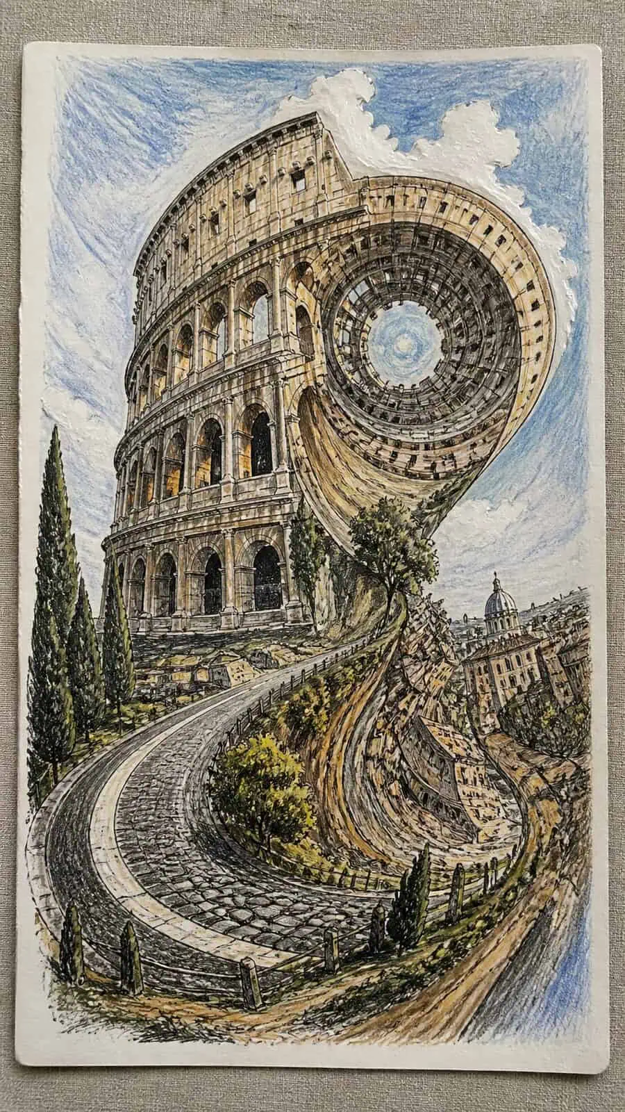 These 30 Trippy Drawing Ideas That Will Revolutionize Your Art 2 Hand-drawn warped reality landscapes in colored-pencil drawing on textured paper, shown in a close overhead crop — study 1