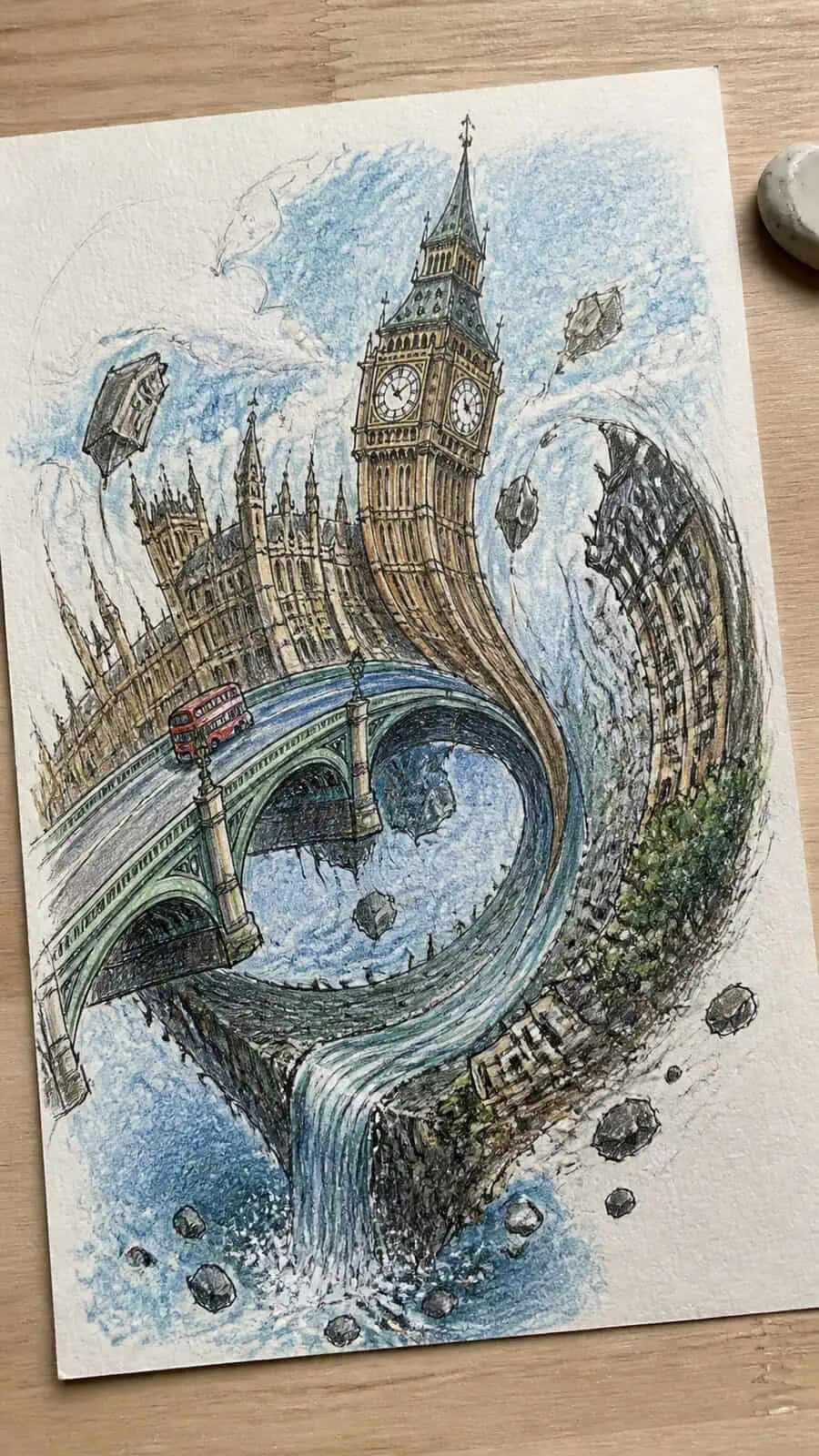 These 30 Trippy Drawing Ideas That Will Revolutionize Your Art 3 Hand-drawn warped reality landscapes in colored-pencil drawing on textured paper, shown in a slightly off-center overhead composition — study 2