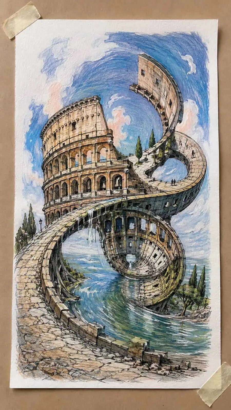 These 30 Trippy Drawing Ideas That Will Revolutionize Your Art 4 Hand-drawn warped reality landscapes in colored-pencil drawing on textured paper, shown in a straight overhead view — study 3