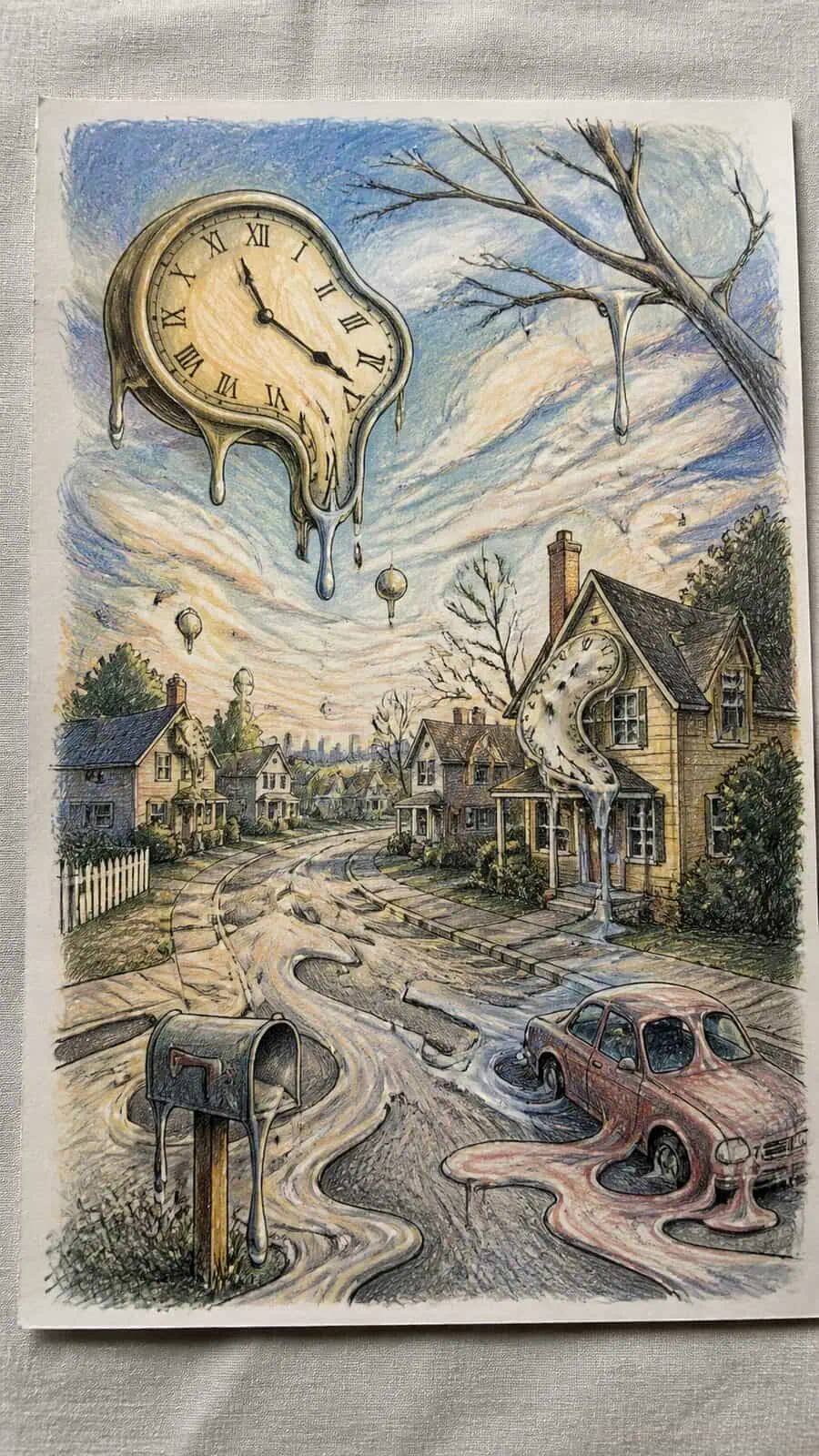 These 30 Trippy Drawing Ideas That Will Revolutionize Your Art 5 Hand-drawn melting clocks in suburbia in colored-pencil drawing on textured paper, shown in a close overhead crop — study 1