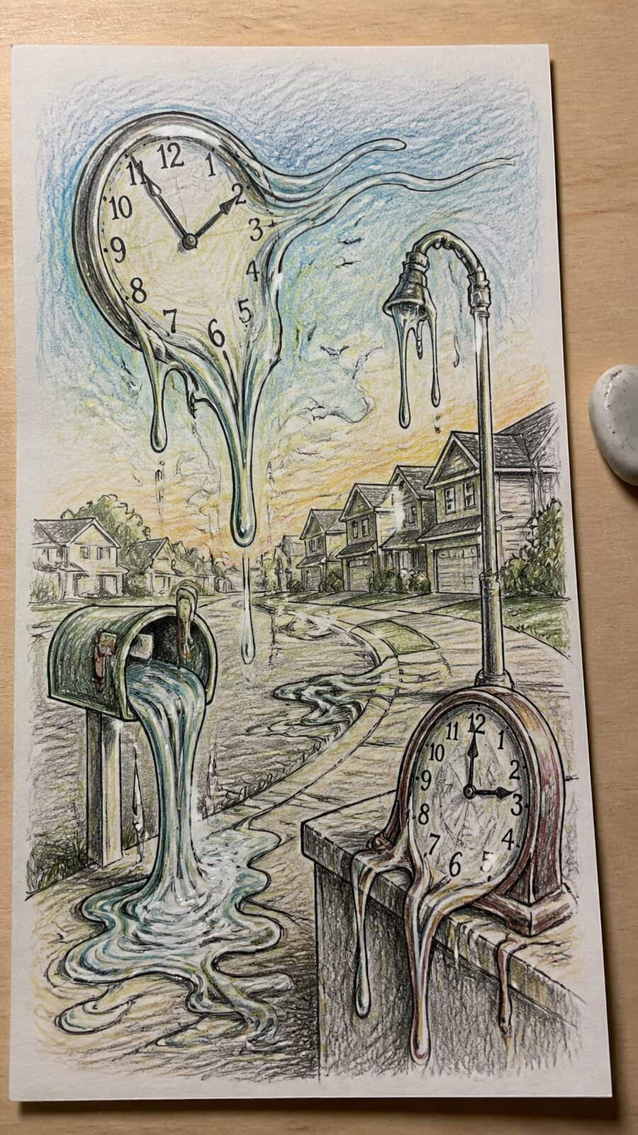 These 30 Trippy Drawing Ideas That Will Revolutionize Your Art 6 Hand-drawn melting clocks in suburbia in colored-pencil drawing on textured paper, shown in a slightly off-center overhead — study 2