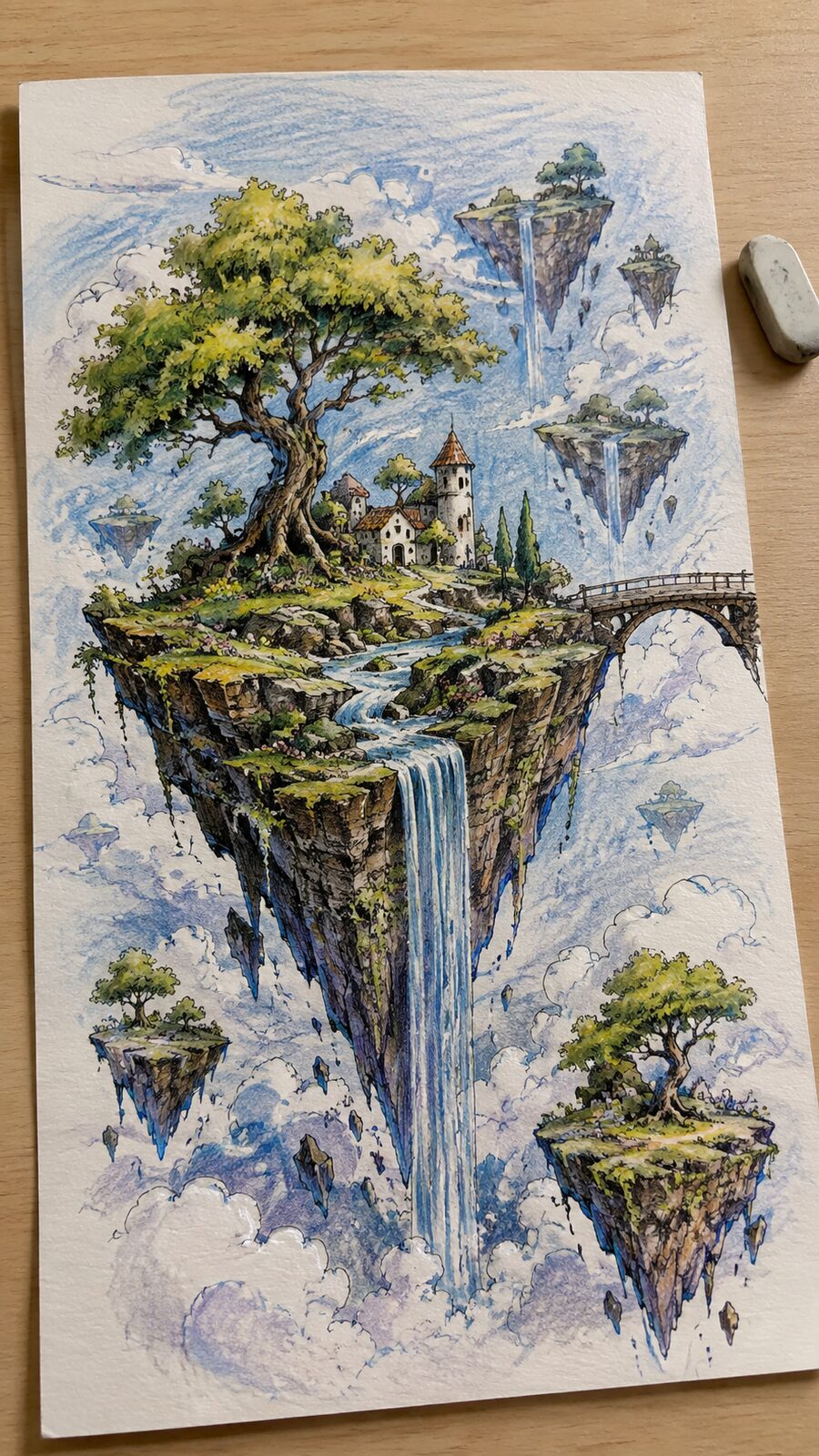 These 30 Trippy Drawing Ideas That Will Revolutionize Your Art 7 Hand-drawn floating islands in the sky in colored-pencil drawing on textured paper, shown in a close overhead crop — study 1