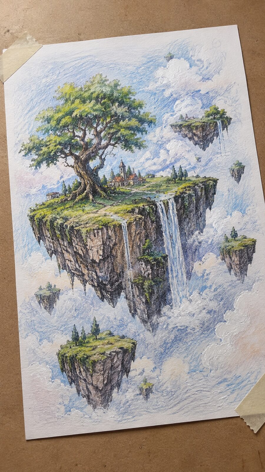 These 30 Trippy Drawing Ideas That Will Revolutionize Your Art 8 Hand-drawn floating islands in the sky in colored-pencil drawing on textured paper, shown in a slightly off-center overhead — study 2
