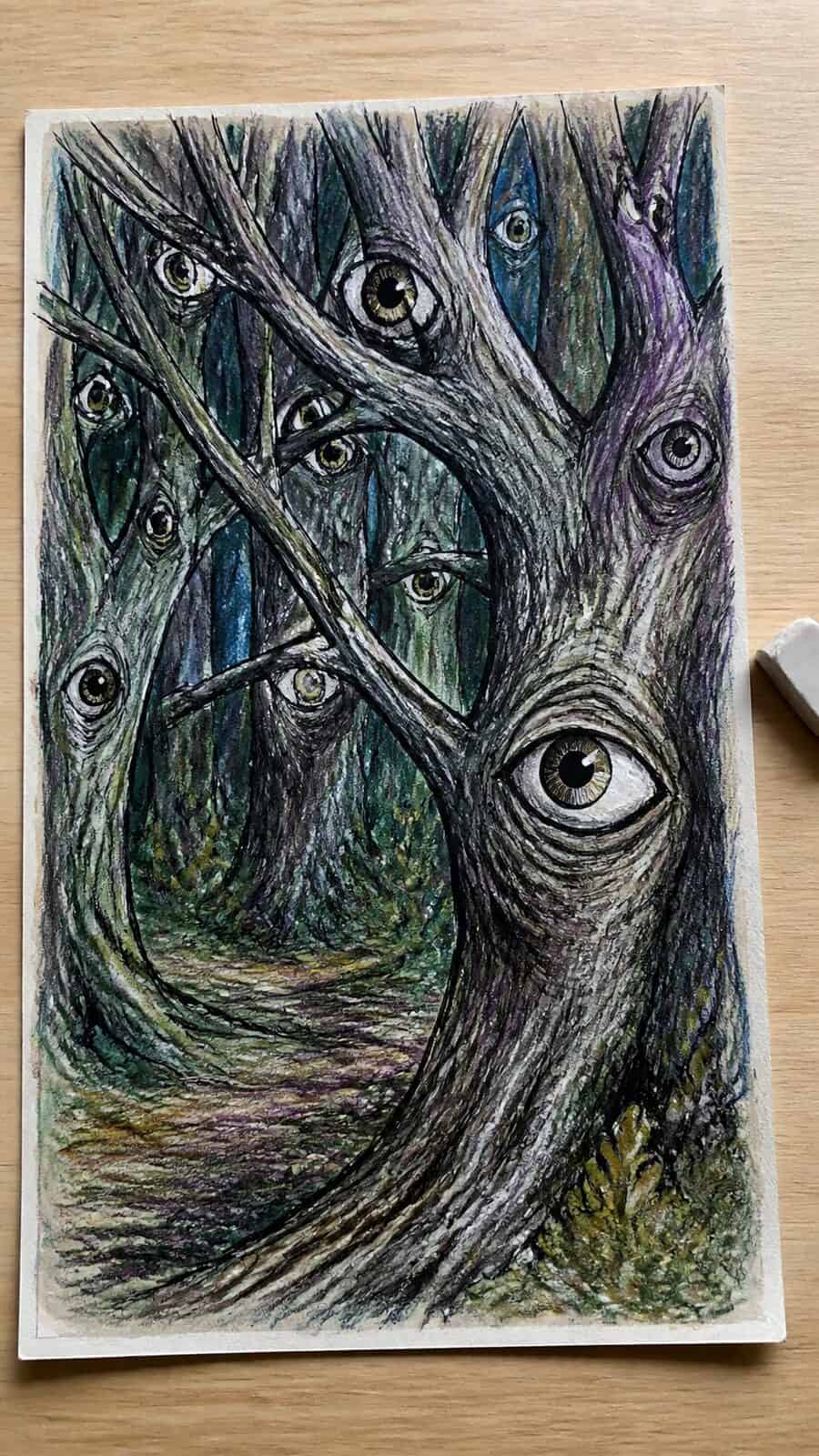 These 30 Trippy Drawing Ideas That Will Revolutionize Your Art 10 Hand-drawn eyes in the forest in colored-pencil drawing on textured paper, shown in a close overhead crop — study 2