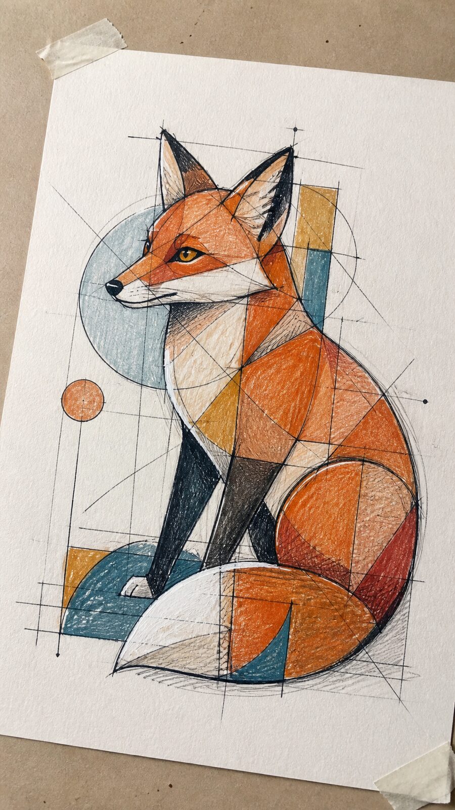 These 30 Trippy Drawing Ideas That Will Revolutionize Your Art 11 Hand-drawn geometric animal forms in colored-pencil drawing on textured paper, shown in a gentle oblique desk view that shows paper — study 1