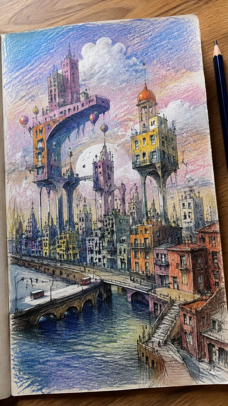 These 30 Trippy Drawing Ideas That Will Revolutionize Your Art 13 Hand-drawn surreal cityscapes in colored-pencil drawing on textured paper, shown in a close overhead crop — study 1