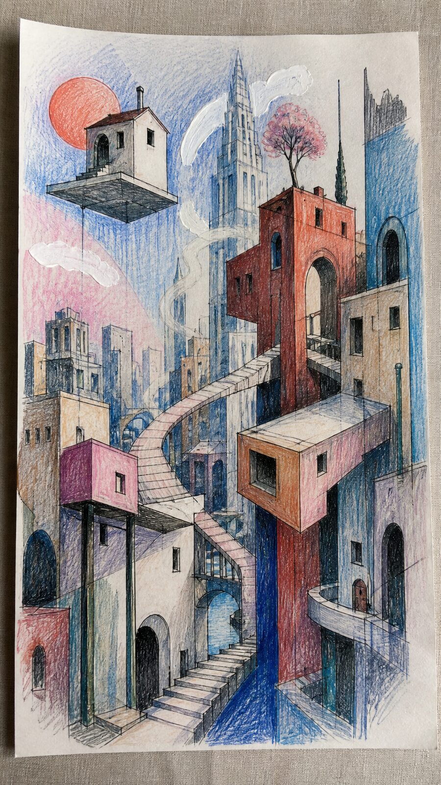 These 30 Trippy Drawing Ideas That Will Revolutionize Your Art 14 Hand-drawn surreal cityscapes in colored-pencil drawing on textured paper, shown in a slightly off-center overhead composition, like — study 2