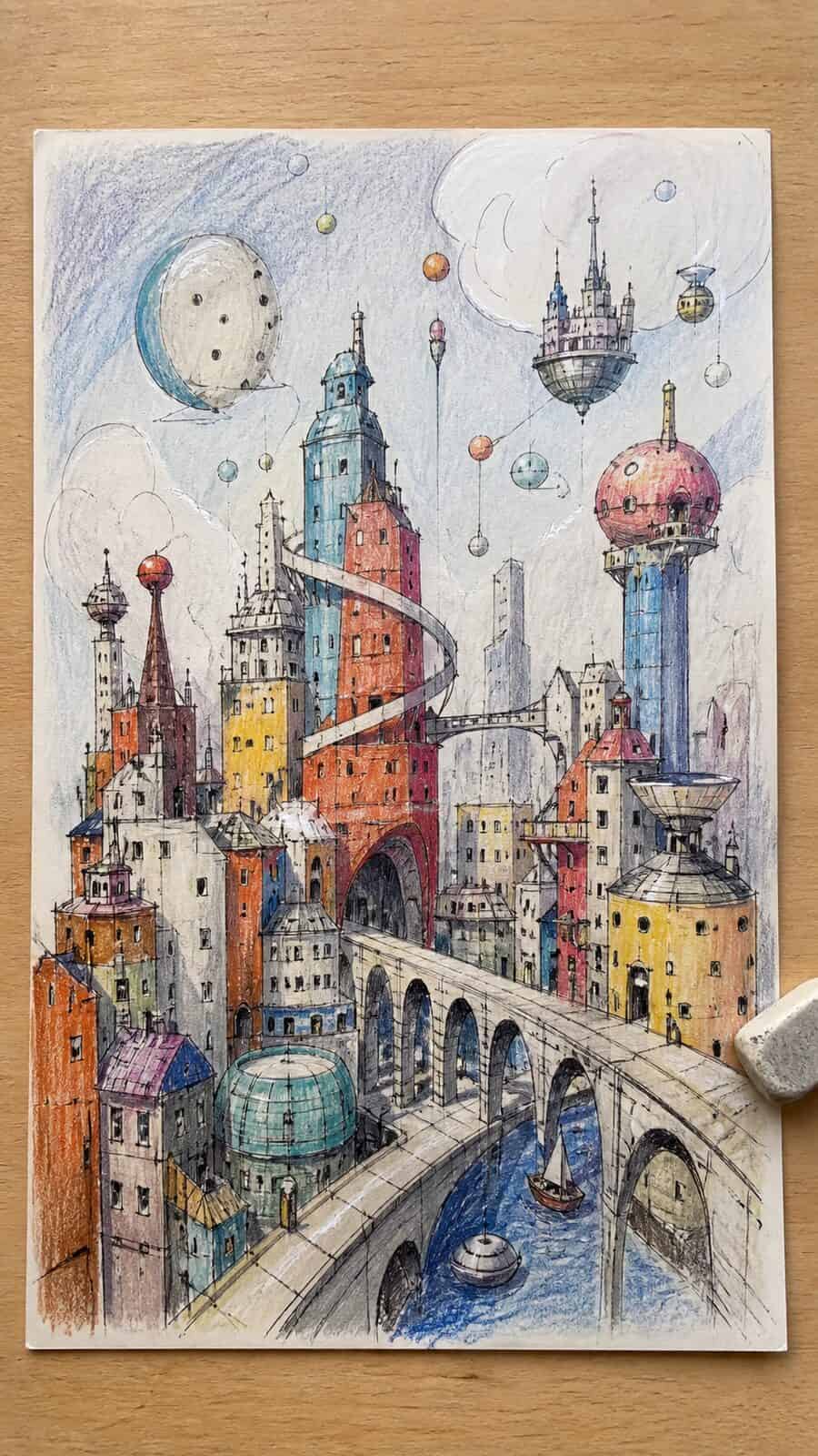 These 30 Trippy Drawing Ideas That Will Revolutionize Your Art 15 Hand-drawn surreal cityscapes in colored-pencil drawing on textured paper, shown in a straight overhead view — study 3