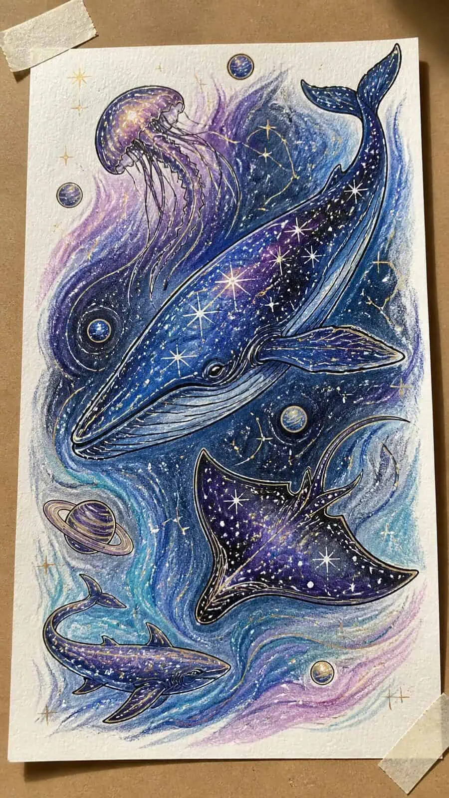 These 30 Trippy Drawing Ideas That Will Revolutionize Your Art 16 Hand-drawn cosmic ocean creatures in colored-pencil drawing on textured paper, shown in a slightly off-center overhead composition — study 1