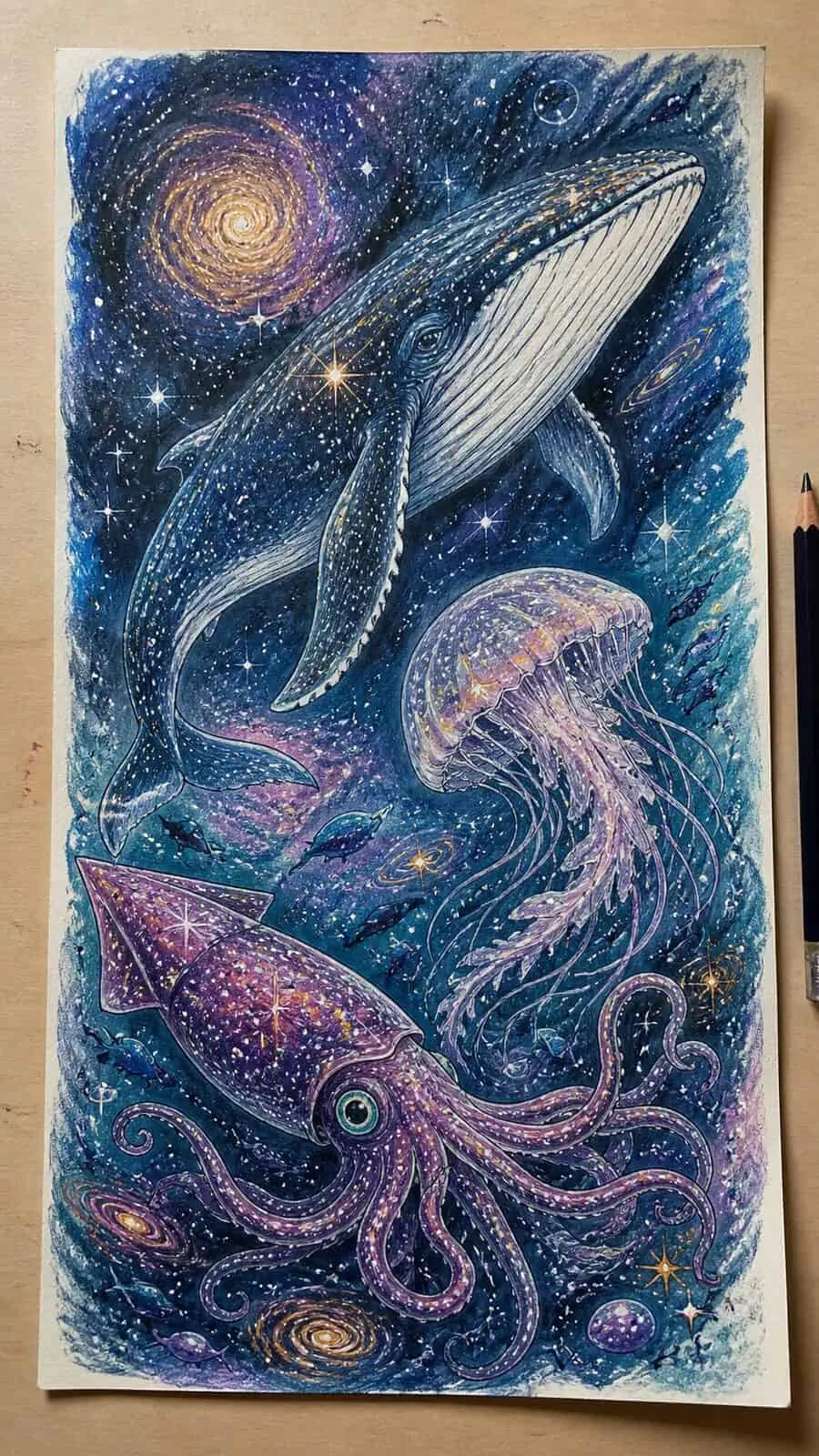 These 30 Trippy Drawing Ideas That Will Revolutionize Your Art 17 Hand-drawn cosmic ocean creatures in colored-pencil drawing on textured paper, shown in a straight overhead view — study 2