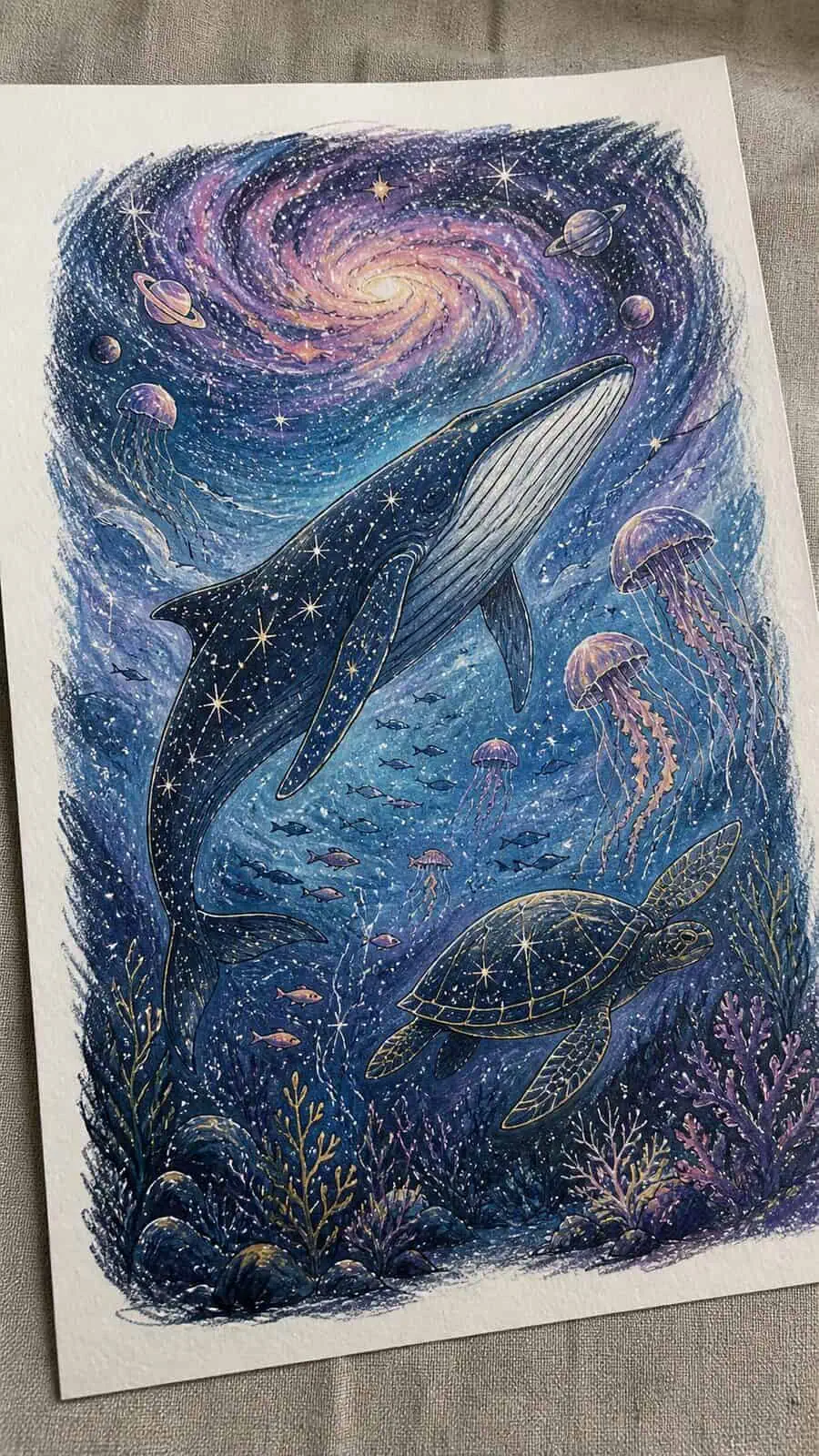 These 30 Trippy Drawing Ideas That Will Revolutionize Your Art 18 Hand-drawn cosmic ocean creatures in colored-pencil drawing on textured paper, shown in a gentle oblique desk view that shows paper — study 3