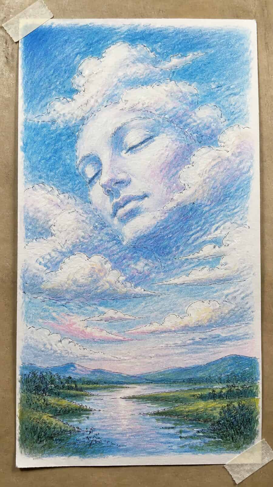 These 30 Trippy Drawing Ideas That Will Revolutionize Your Art 19 Hand-drawn faces in the clouds in colored-pencil drawing on textured paper, shown in a straight overhead view — study 1