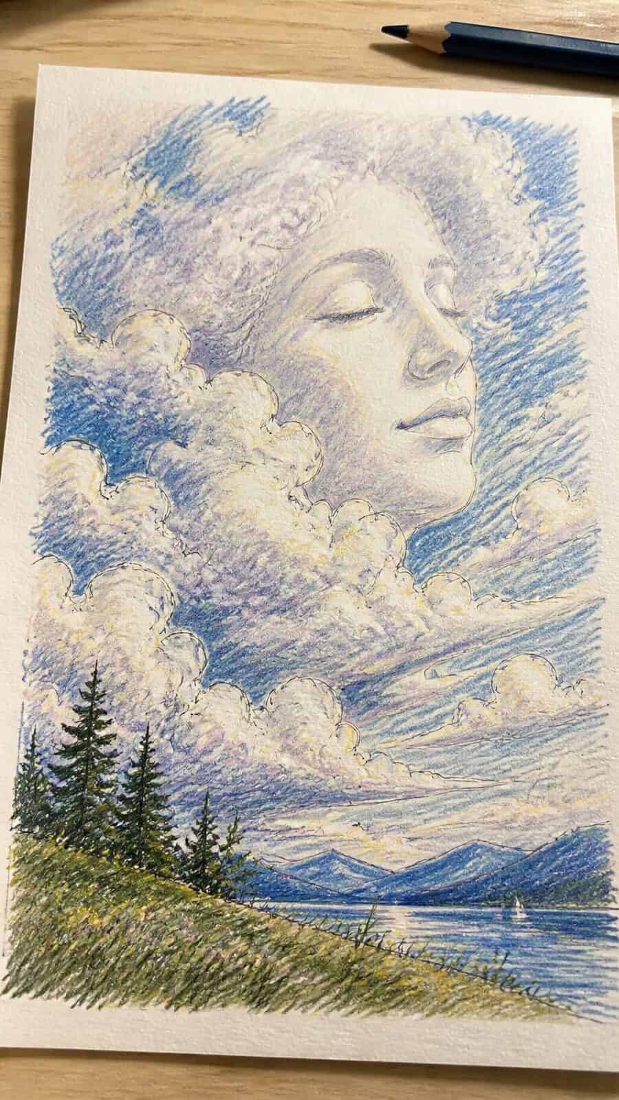 These 30 Trippy Drawing Ideas That Will Revolutionize Your Art 20 Hand-drawn faces in the clouds in colored-pencil drawing on textured paper, shown in a gentle oblique desk view that shows paper tooth — study 2