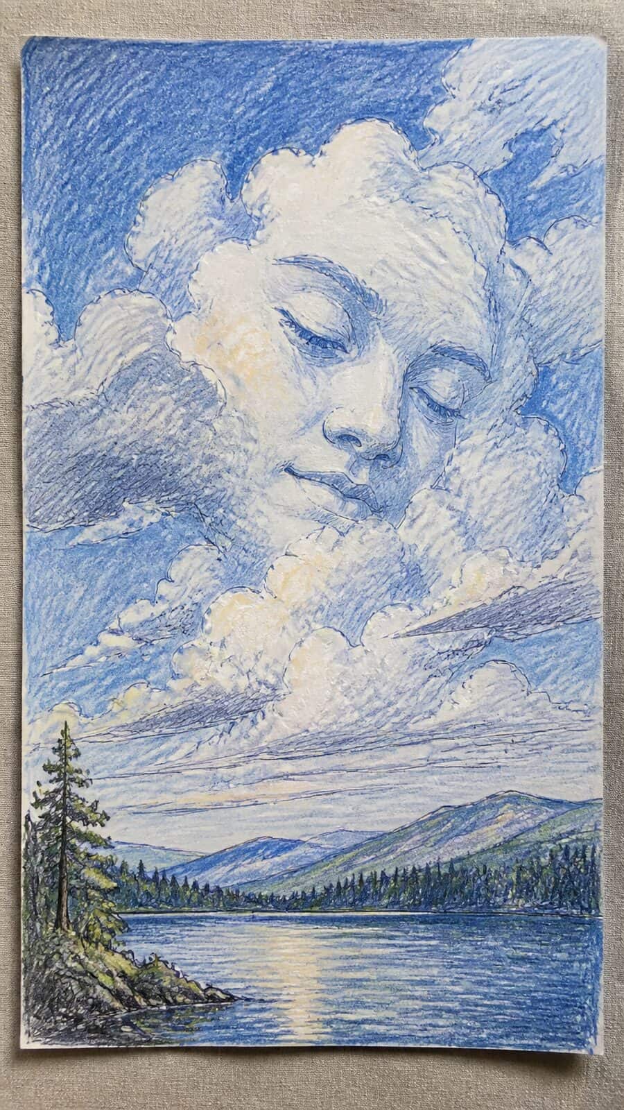 These 30 Trippy Drawing Ideas That Will Revolutionize Your Art 21 Hand-drawn faces in the clouds in colored-pencil drawing on textured paper, shown in a close overhead crop — study 3