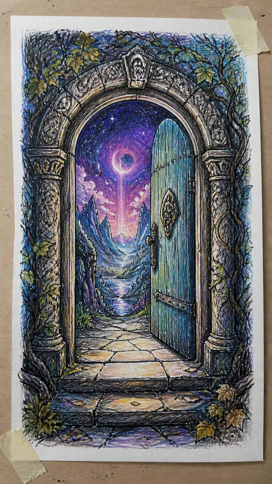 These 30 Trippy Drawing Ideas That Will Revolutionize Your Art 22 Hand-drawn mystical doorways in colored-pencil drawing on textured paper, shown in a close overhead crop — study 1