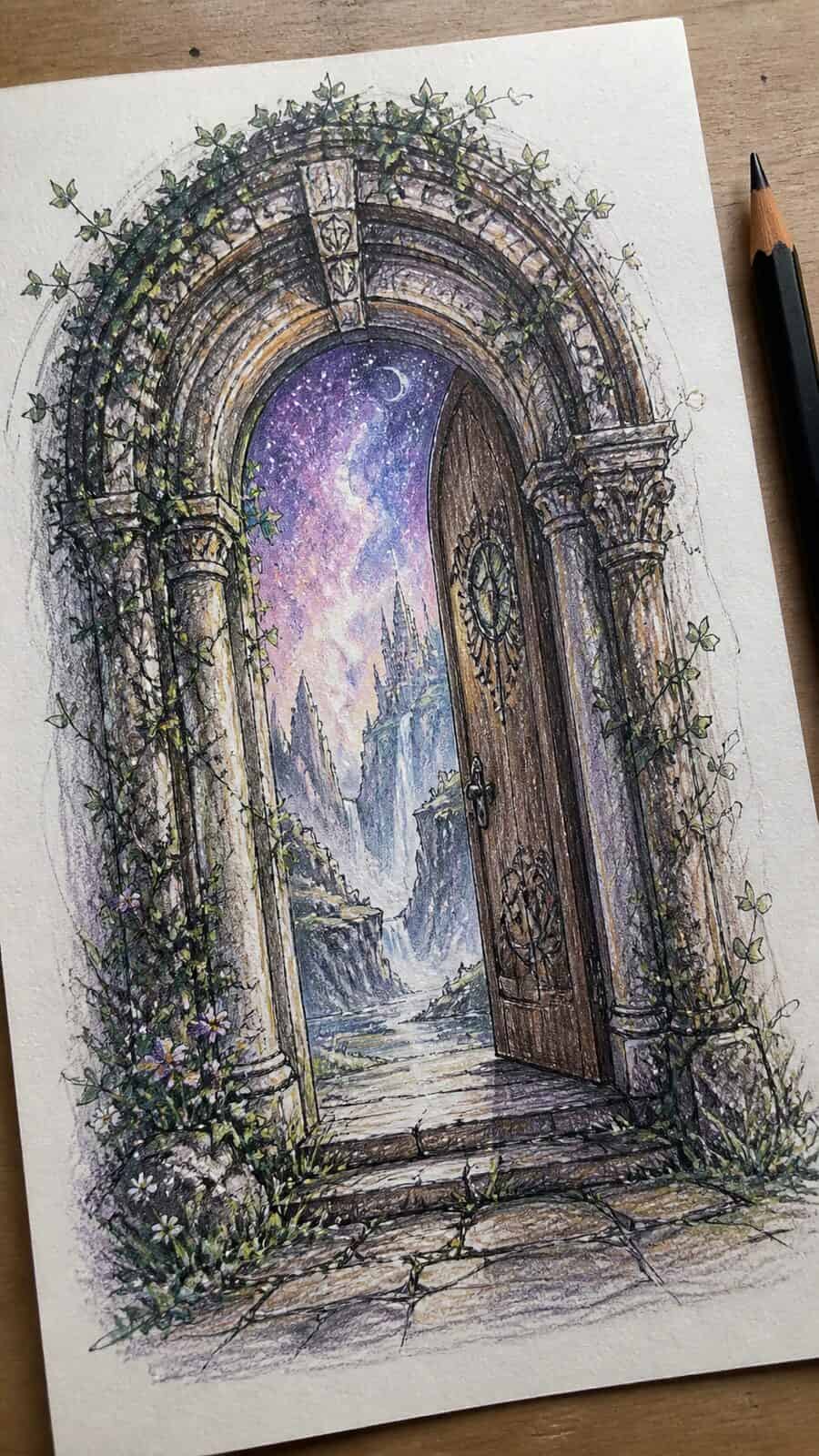 These 30 Trippy Drawing Ideas That Will Revolutionize Your Art 23 Hand-drawn mystical doorways in colored-pencil drawing on textured paper, shown in a slightly off-center overhead composition, like an — study 2