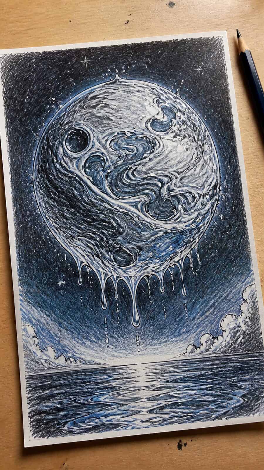 These 30 Trippy Drawing Ideas That Will Revolutionize Your Art 24 Hand-drawn liquid moon in colored-pencil drawing on textured paper, shown in a slightly off-center overhead composition, like an — study 1