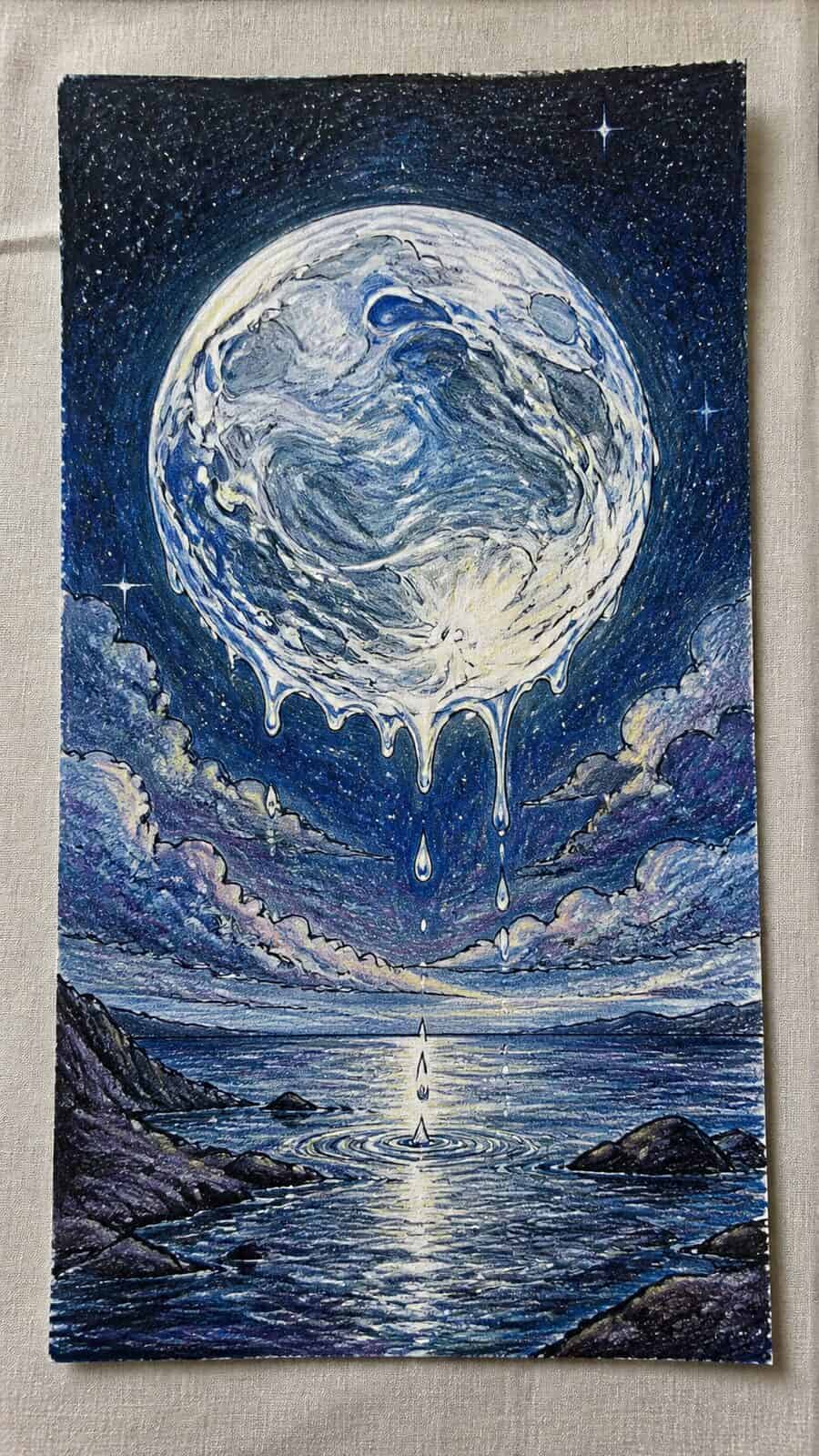 These 30 Trippy Drawing Ideas That Will Revolutionize Your Art 25 Hand-drawn liquid moon in colored-pencil drawing on textured paper, shown in a straight overhead view — study 2