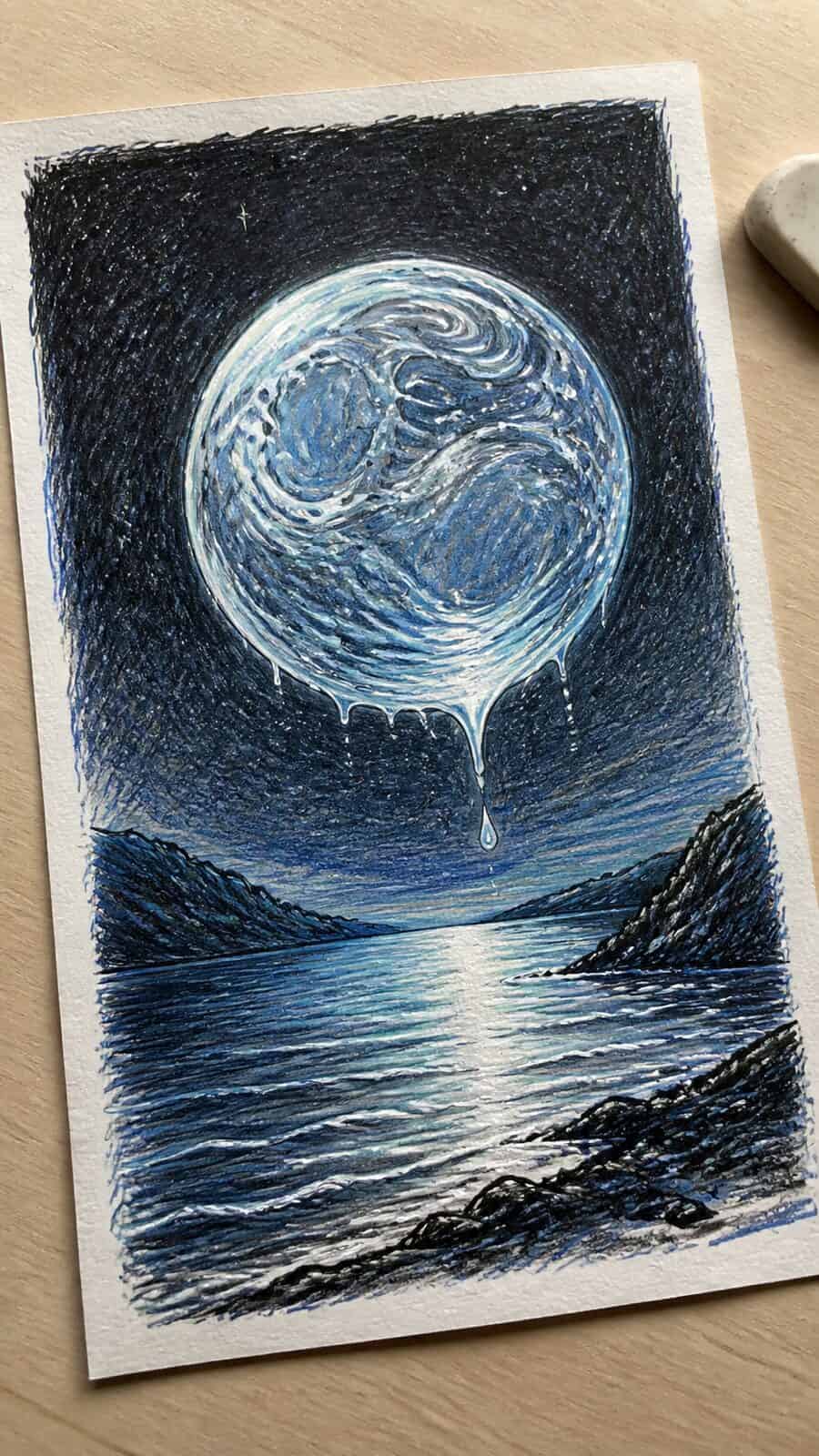 These 30 Trippy Drawing Ideas That Will Revolutionize Your Art 26 Hand-drawn liquid moon in colored-pencil drawing on textured paper, shown in a gentle oblique desk view that shows paper tooth and — study 3