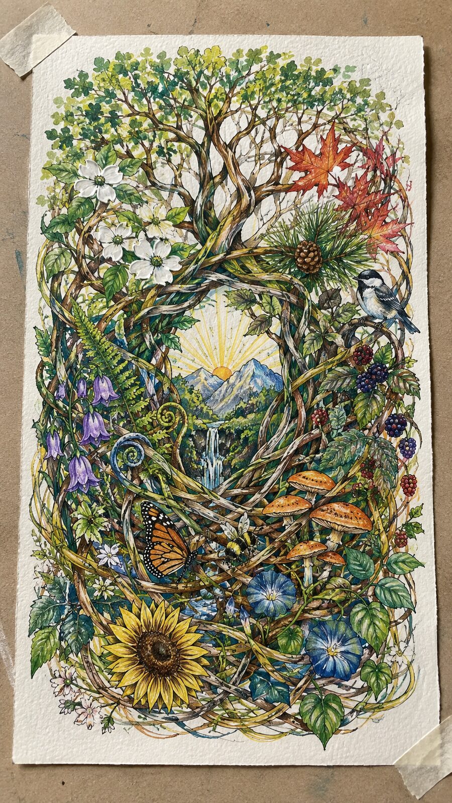 These 30 Trippy Drawing Ideas That Will Revolutionize Your Art 27 Hand-drawn nature’s weave in colored-pencil drawing on textured paper, shown in a close overhead crop — study 1