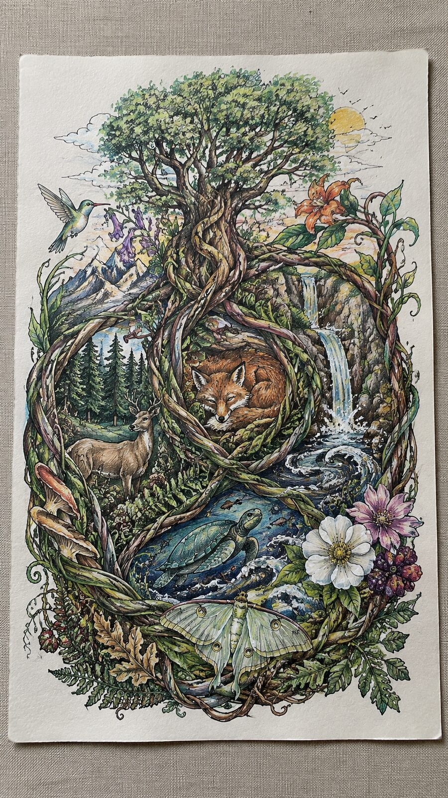 These 30 Trippy Drawing Ideas That Will Revolutionize Your Art 29 Hand-drawn nature’s weave in colored-pencil drawing on textured paper, shown in a straight overhead view — study 3