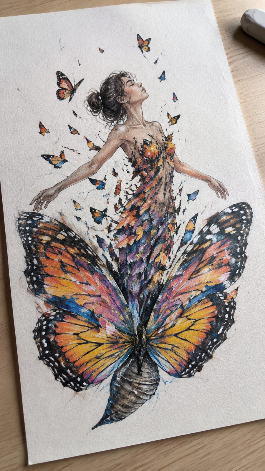 These 30 Trippy Drawing Ideas That Will Revolutionize Your Art 30 Hand-drawn butterflies in reverse in colored-pencil drawing on textured paper, shown in a gentle oblique desk view that shows paper — study 1