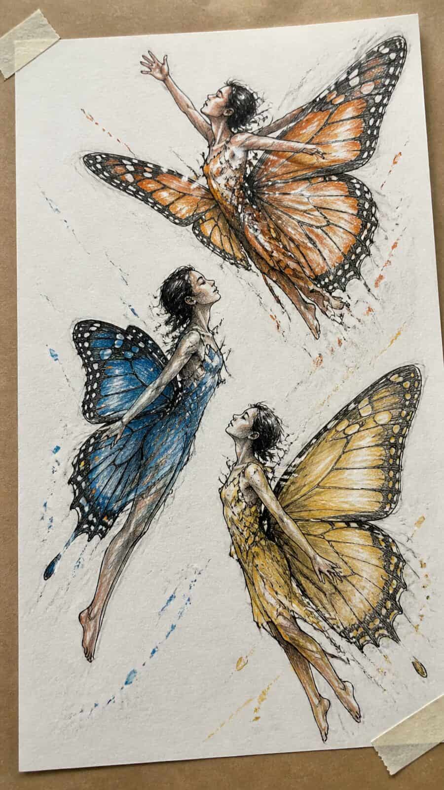 These 30 Trippy Drawing Ideas That Will Revolutionize Your Art 31 Hand-drawn butterflies in reverse in colored-pencil drawing on textured paper, shown in a close overhead crop — study 2