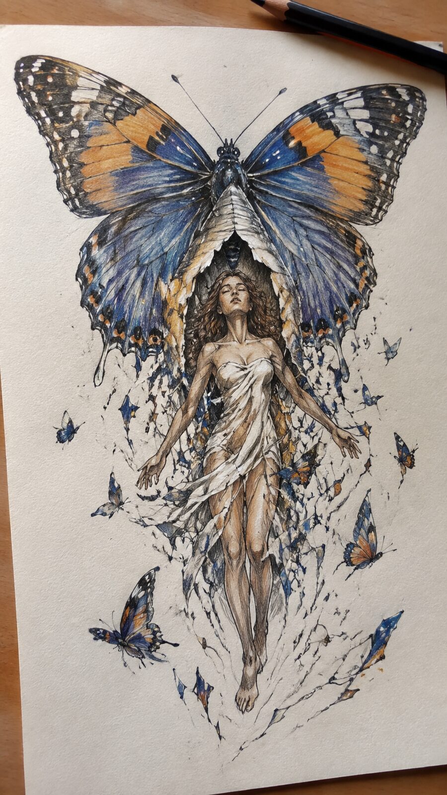 These 30 Trippy Drawing Ideas That Will Revolutionize Your Art 32 Hand-drawn butterflies in reverse in colored-pencil drawing on textured paper, shown in a slightly off-center overhead composition — study 3