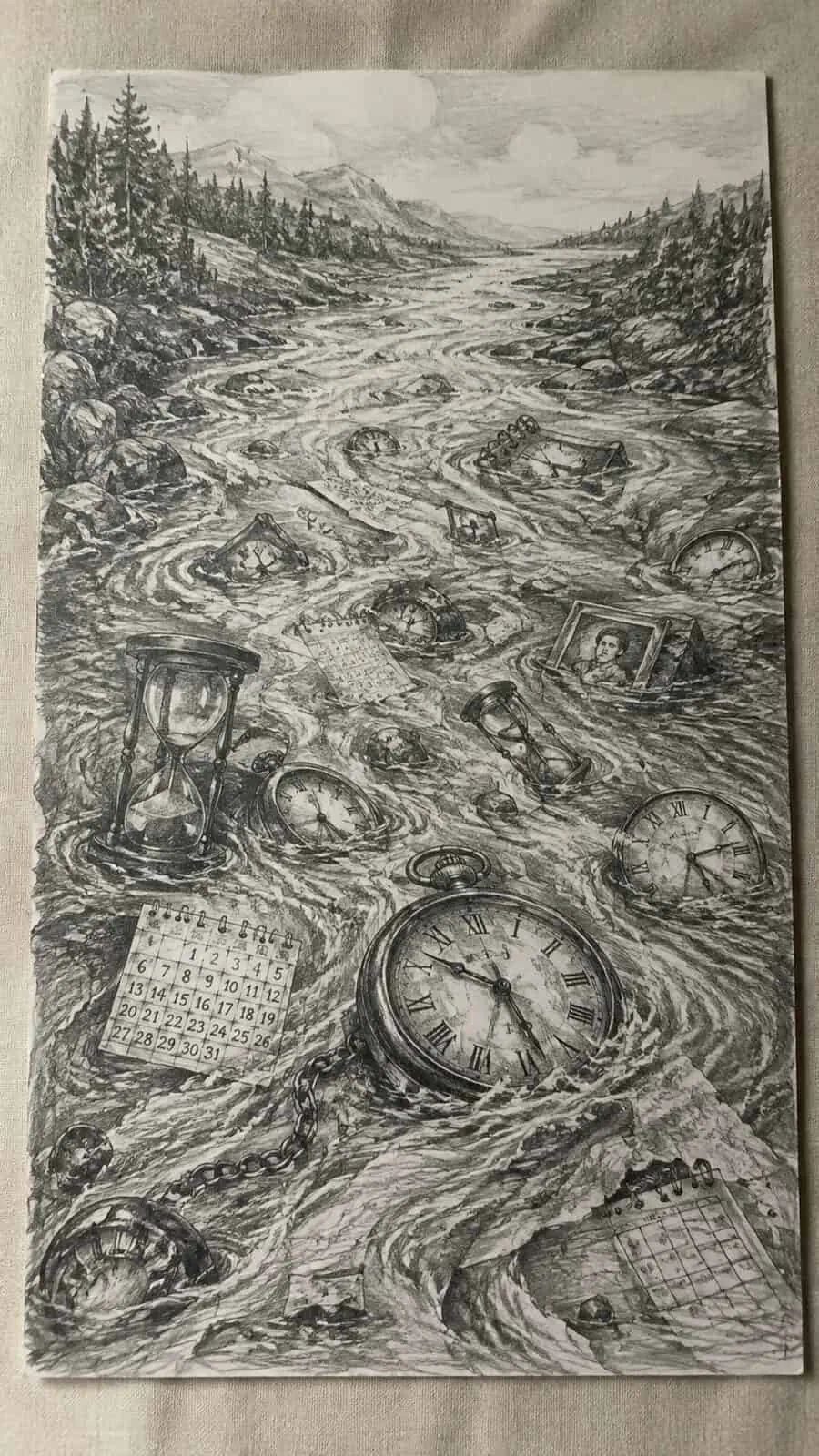 These 30 Trippy Drawing Ideas That Will Revolutionize Your Art 33 Hand-drawn time as a river in graphite drawing on textured paper, shown in a close overhead crop — study 1