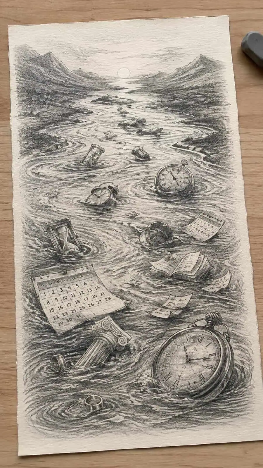 These 30 Trippy Drawing Ideas That Will Revolutionize Your Art 34 Hand-drawn time as a river in graphite drawing on textured paper, shown in a slightly off-center overhead composition, like an artist — study 2