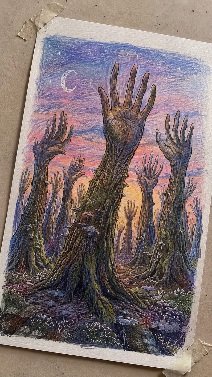 These 30 Trippy Drawing Ideas That Will Revolutionize Your Art 35 Hand-drawn forest of hands in colored-pencil drawing on textured paper, shown in a gentle oblique desk view that shows paper tooth and — study 1
