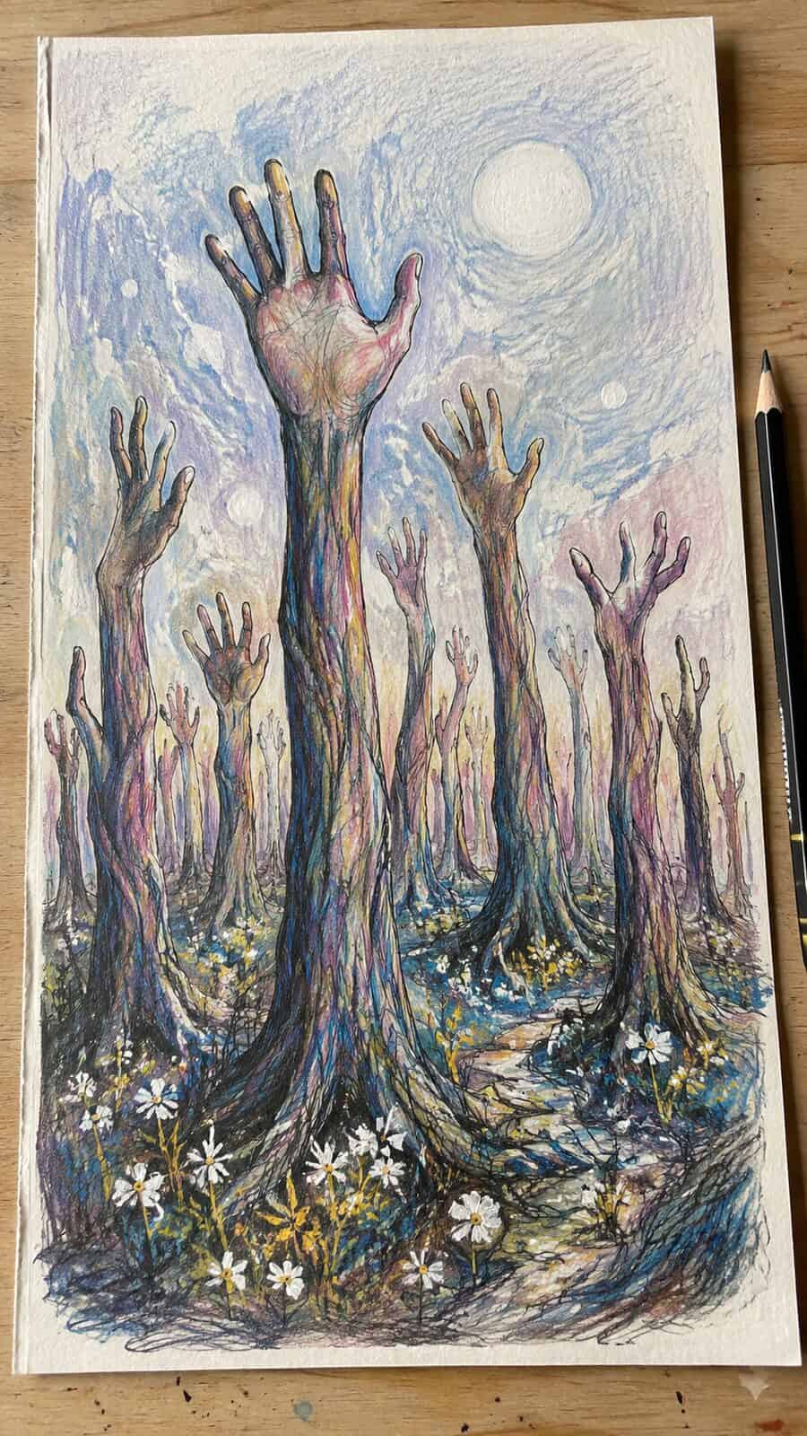 These 30 Trippy Drawing Ideas That Will Revolutionize Your Art 36 Hand-drawn forest of hands in colored-pencil drawing on textured paper, shown in a close overhead crop — study 2