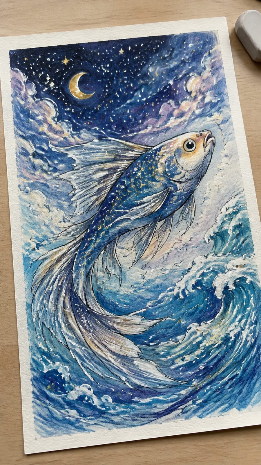 These 30 Trippy Drawing Ideas That Will Revolutionize Your Art 37 Hand-drawn celestial fish in colored-pencil drawing on textured paper, shown in a gentle oblique desk view that shows paper tooth and — study 1