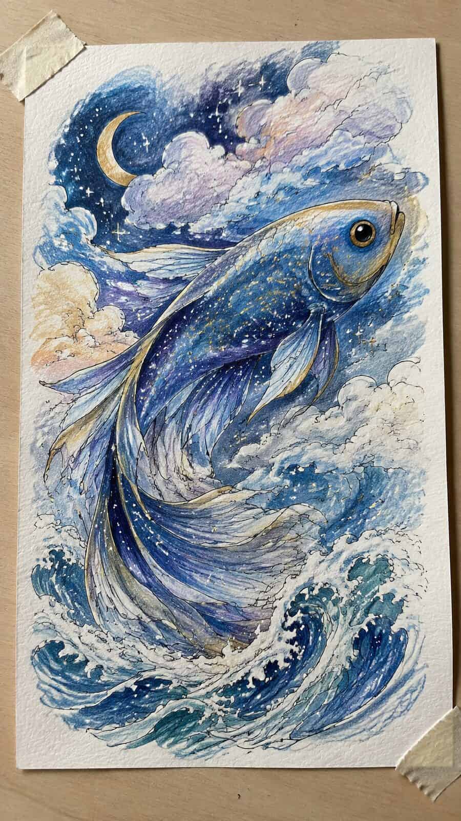 These 30 Trippy Drawing Ideas That Will Revolutionize Your Art 38 Hand-drawn celestial fish in colored-pencil drawing on textured paper, shown in a close overhead crop — study 2