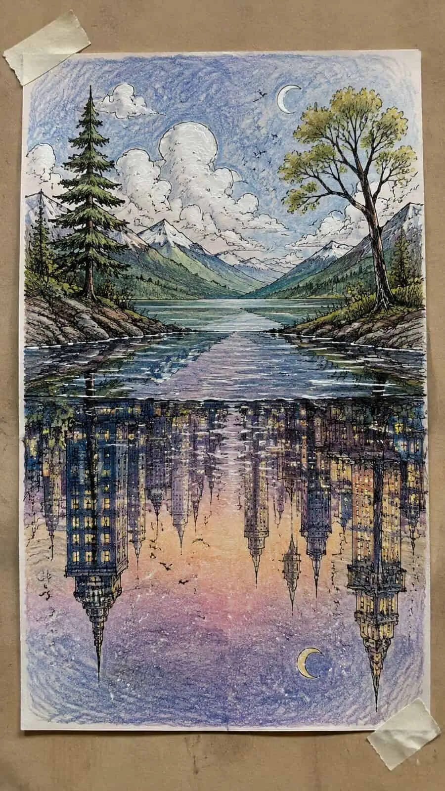 These 30 Trippy Drawing Ideas That Will Revolutionize Your Art 40 Hand-drawn inverted reflections in colored-pencil drawing on textured paper, shown in a straight overhead view — study 2