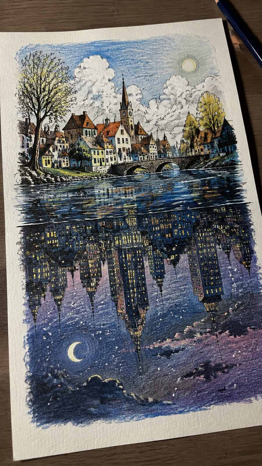 These 30 Trippy Drawing Ideas That Will Revolutionize Your Art 41 Hand-drawn inverted reflections in colored-pencil drawing on textured paper, shown in a gentle oblique desk view that shows paper — study 3