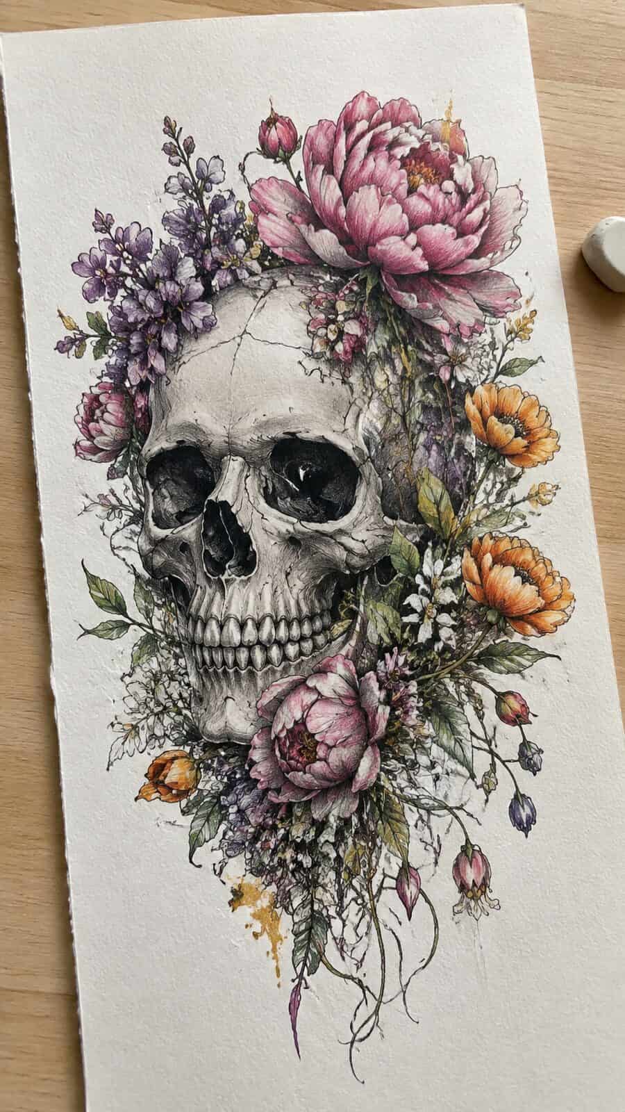 These 30 Trippy Drawing Ideas That Will Revolutionize Your Art 42 Hand-drawn flowering skulls in colored-pencil drawing on textured paper, shown in a close overhead crop — study 1