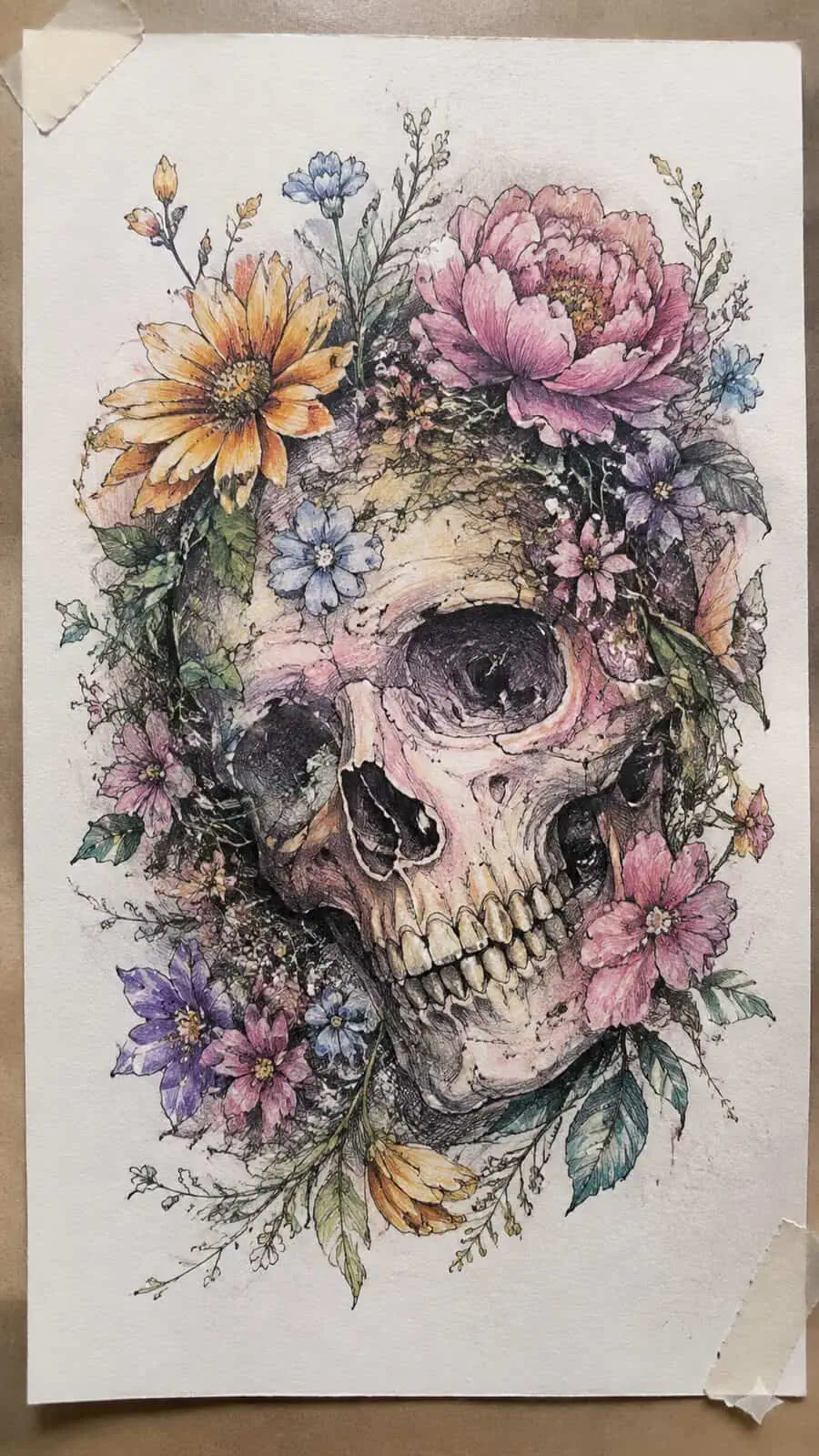 These 30 Trippy Drawing Ideas That Will Revolutionize Your Art 43 Hand-drawn flowering skulls in colored-pencil drawing on textured paper, shown in a slightly off-center overhead composition, like an — study 2