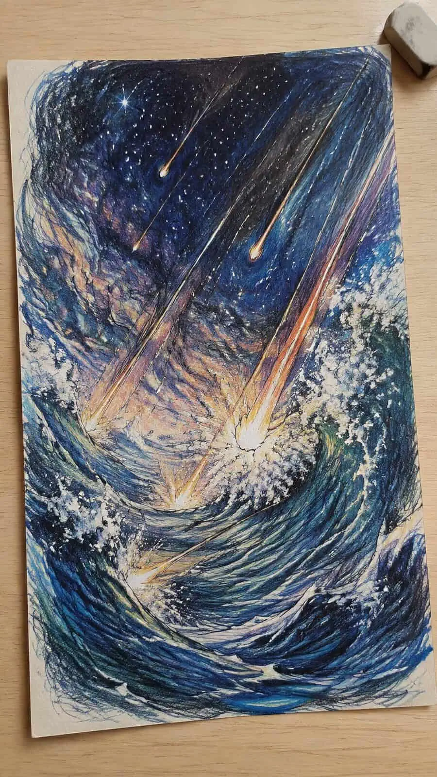 These 30 Trippy Drawing Ideas That Will Revolutionize Your Art 44 Hand-drawn falling stars and rising oceans in colored-pencil drawing on textured paper, shown in a slightly off-center overhead — study 1