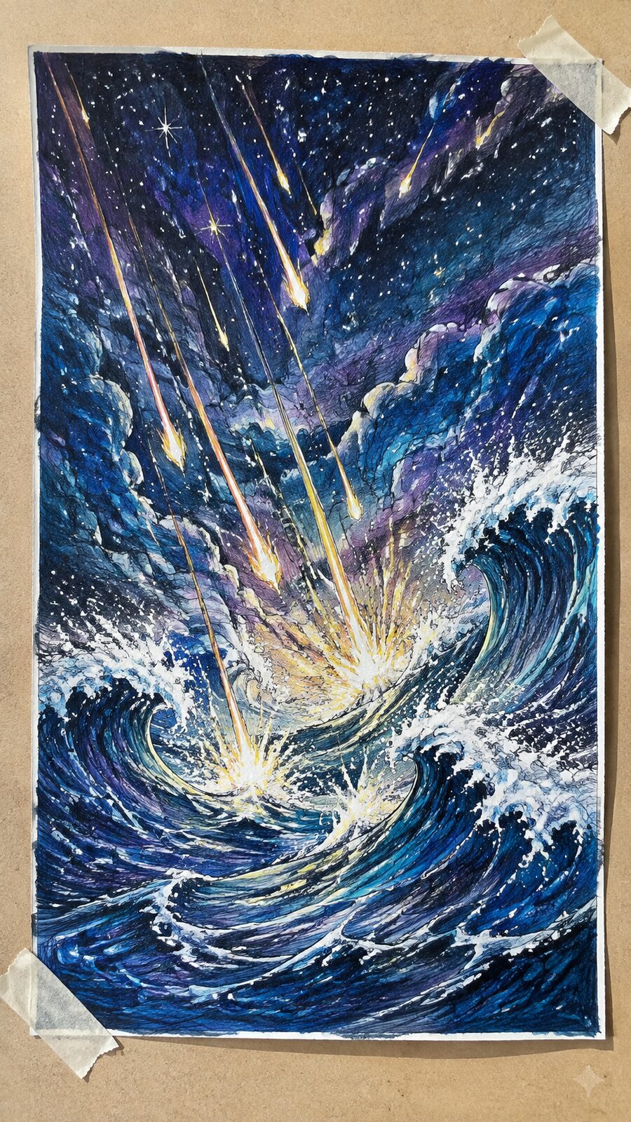 These 30 Trippy Drawing Ideas That Will Revolutionize Your Art 45 Hand-drawn falling stars and rising oceans in colored-pencil drawing on textured paper, shown in a straight overhead view — study 2