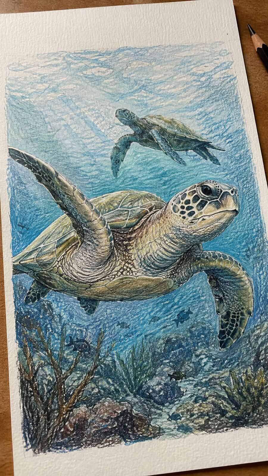 Hand-drawn majestic sea turtles in colored-pencil and gouache drawing on textured paper, shown in a gentle oblique desk view that — study 2