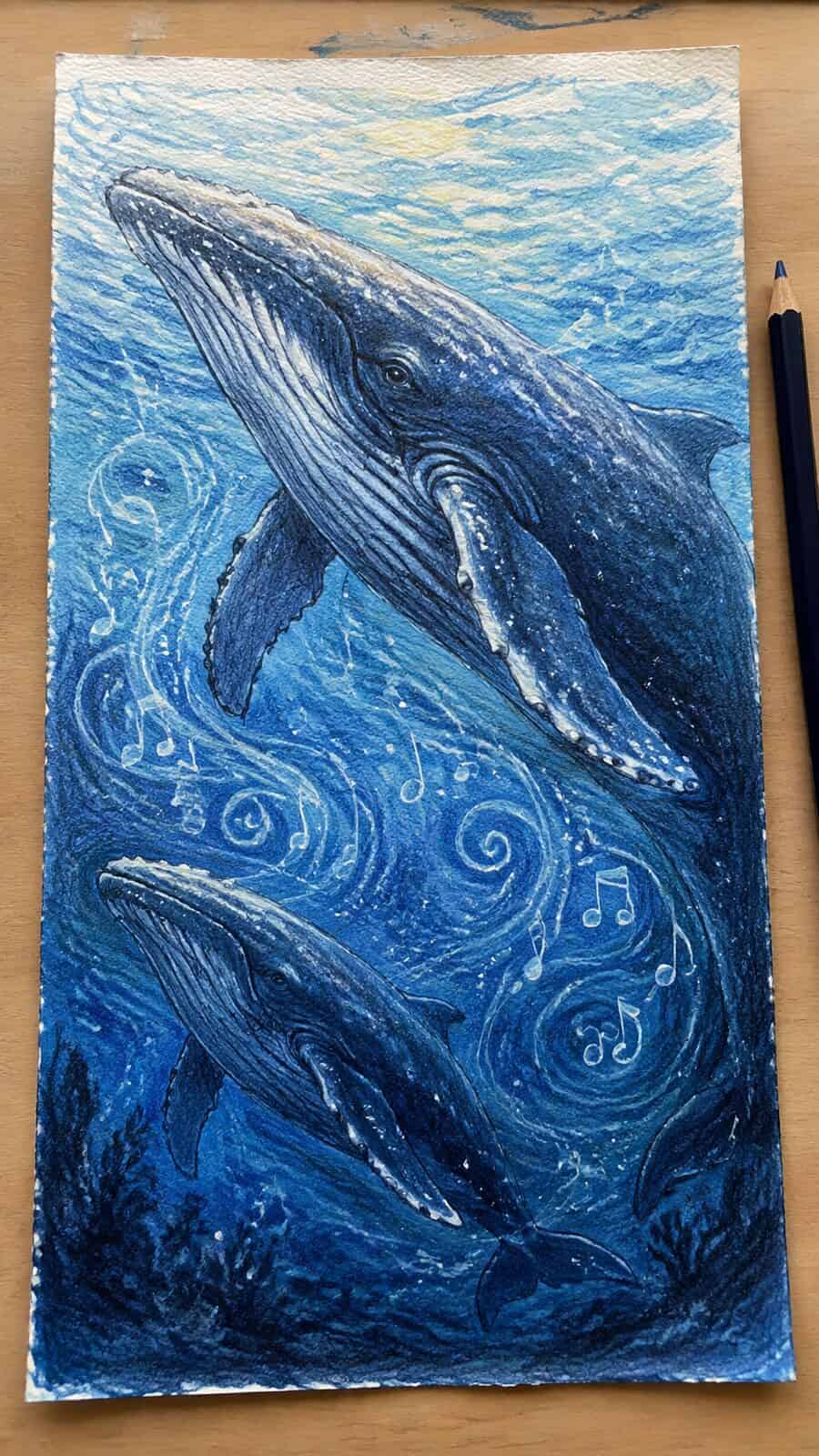 Hand-drawn whale songs in the waves in colored-pencil and gouache drawing on textured paper, shown in a straight overhead view — study 1