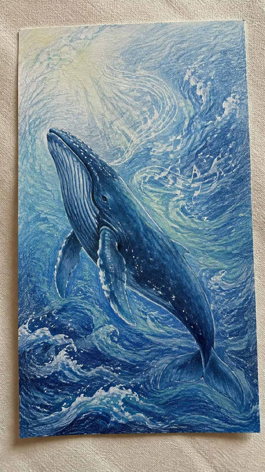 Hand-drawn whale songs in the waves in colored-pencil and gouache drawing on textured paper, shown in a gentle oblique desk view that — study 2