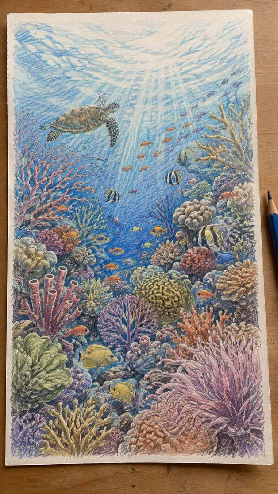 Hand-drawn coral reef colors in graphite drawing on textured paper, shown in a straight overhead view — study 2