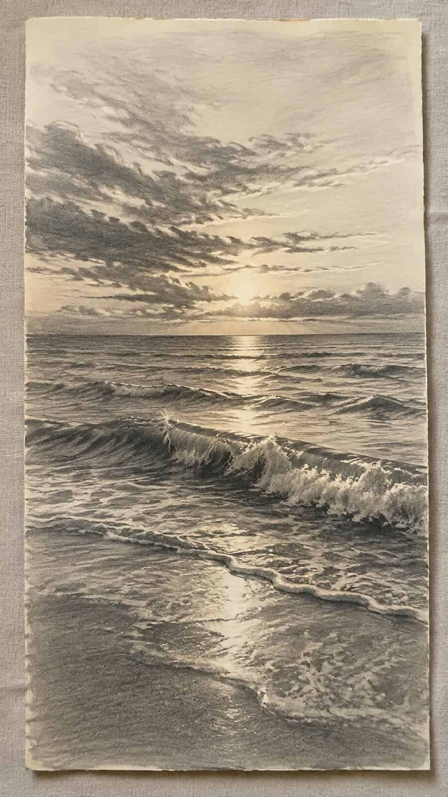 Hand-drawn ocean waves at sunset in graphite drawing on textured paper, shown in a straight overhead view — study 1