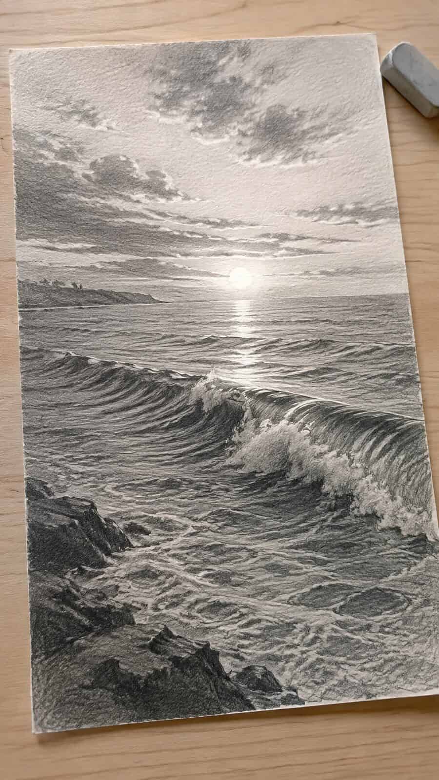 Hand-drawn ocean waves at sunset in graphite drawing on textured paper, shown in a gentle oblique desk view that shows paper tooth and — study 2