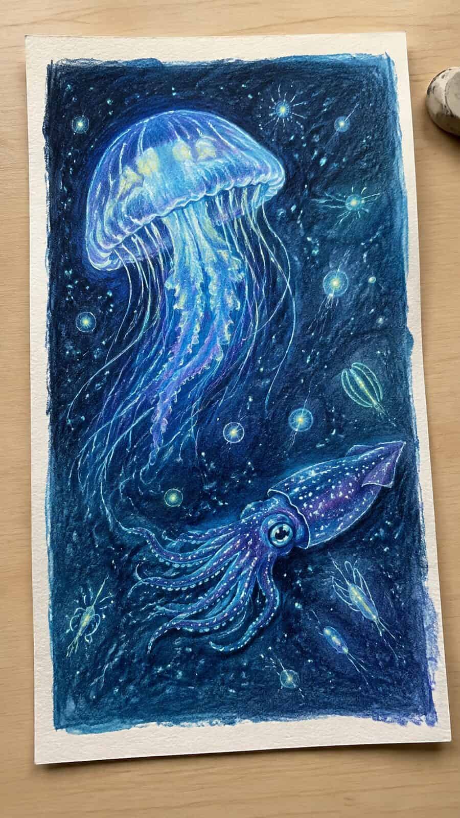 Hand-drawn bioluminescent wonders in colored-pencil and gouache drawing on textured paper, shown in a slightly off-center overhead — study 1