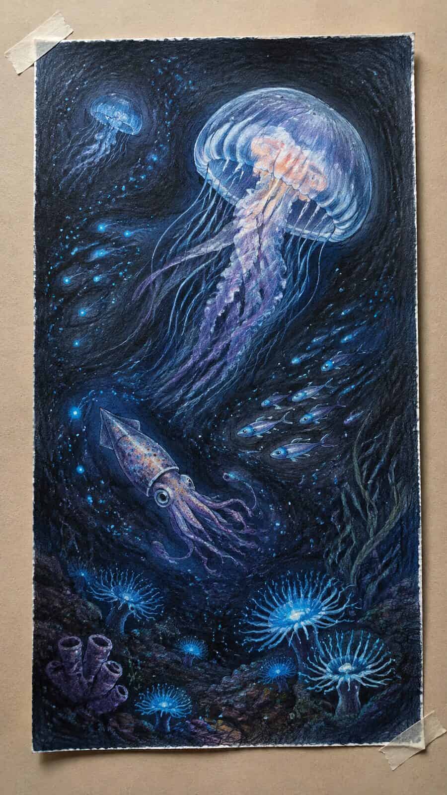 Hand-drawn bioluminescent wonders in colored-pencil and gouache drawing on textured paper, shown in a straight overhead view — study 2